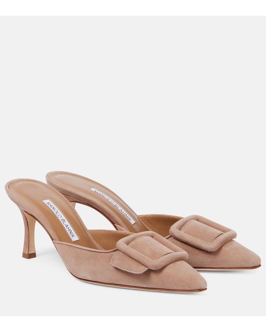 Manolo Blahnik Natural Maysale 70 Suede Mules