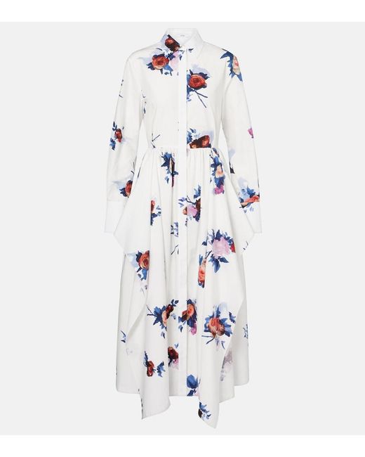 Erdem White Floral-Print Long-Sleeve Cotton-Poplin Midi Shirt Dress