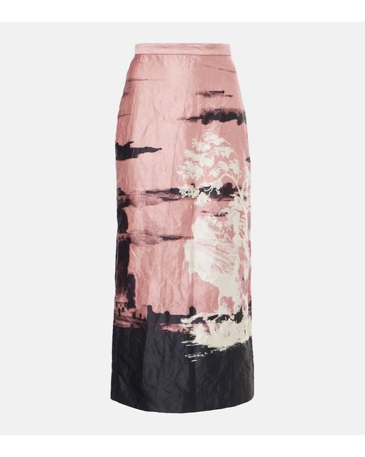 Erdem Pink Printed Crushed Satin Pencil Skirt