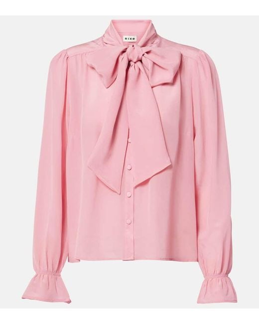 Rixo Pink Wilhelmina Tie-Neck Silk Blouse