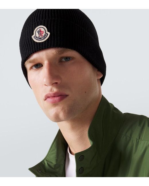 Moncler Black Ribbed-Knit Virgin Wool Beanie for men