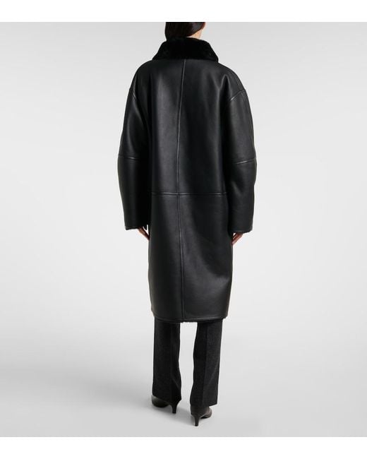 Totême Black Shearling-Lined Leather Coat