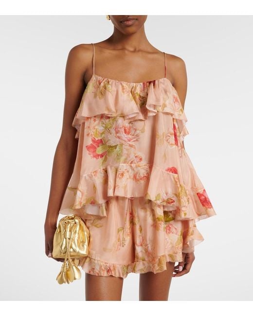 Zimmermann Pink Roselight Floral Ruffled Silk Camisole