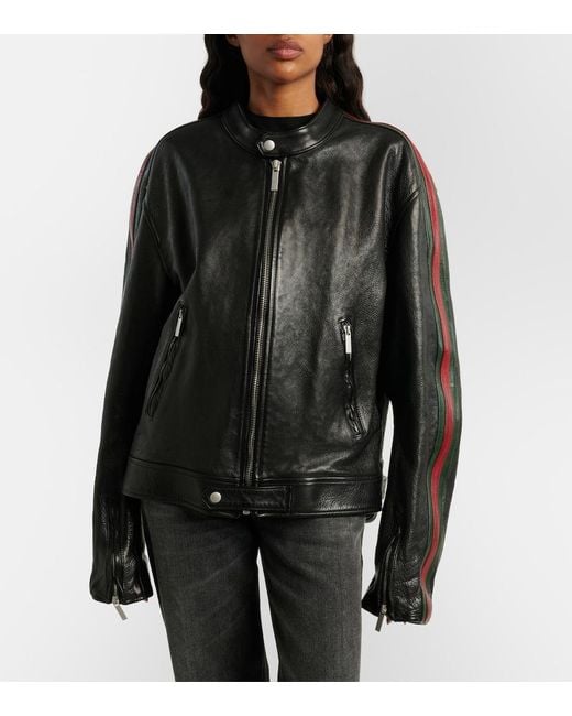 Gucci Black Web Stripe Leather Biker Jacket