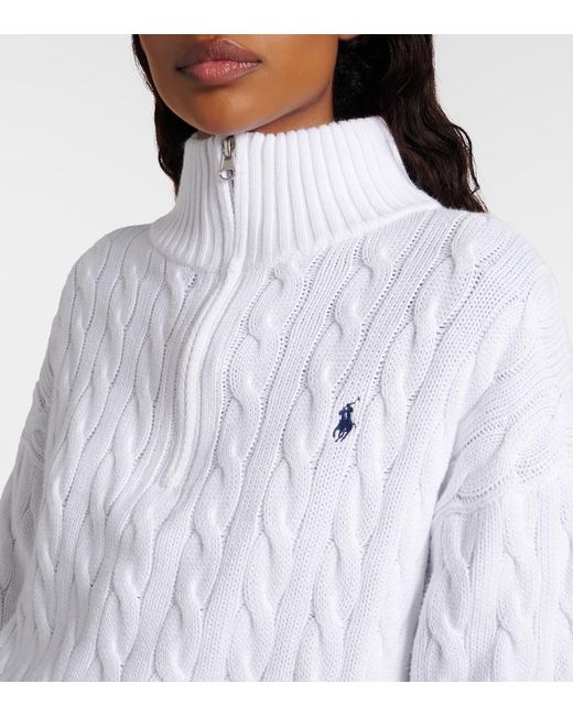 Polo Ralph Lauren White Logo Cable-Knit Cotton Half-Zip Sweater
