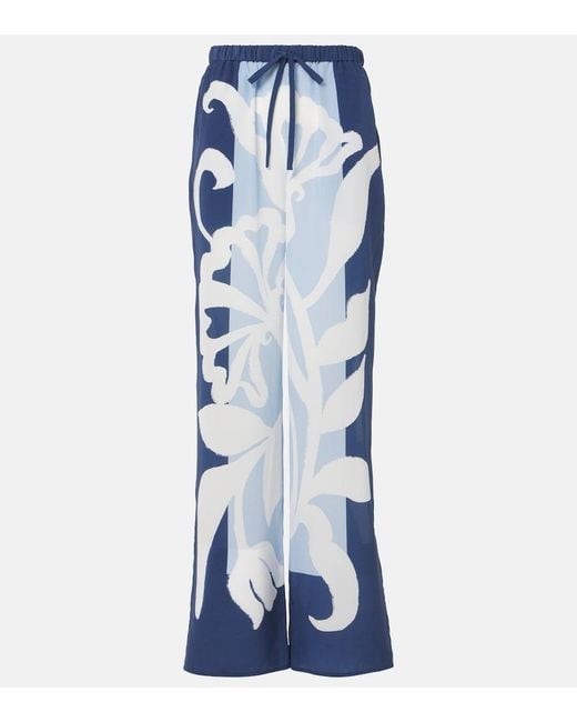 Sir Blue Sorrento Printed Silk Satin Wide-Leg Pants