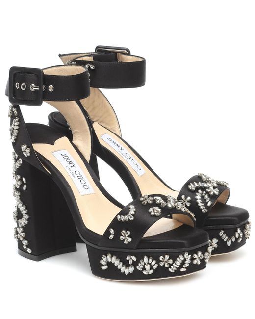 Jimmy Choo Jax Crystal embellished Satin Platform Sandals in Black