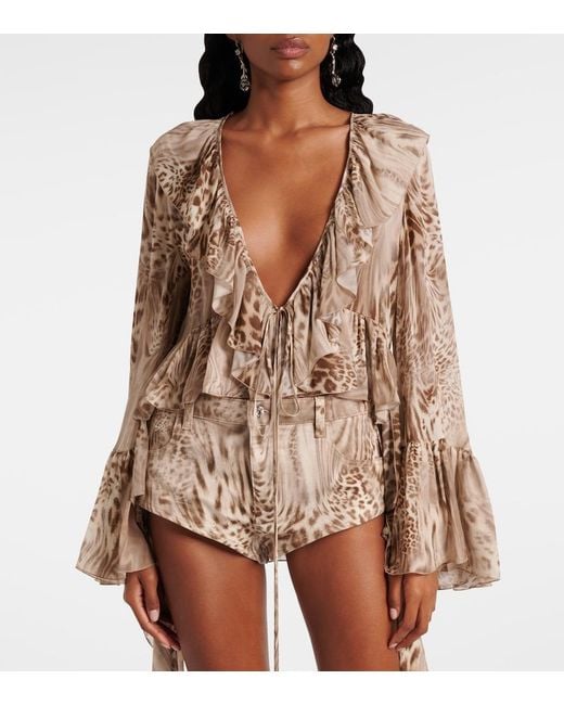 Blumarine Brown Ruffled Leopard-Print Chiffon Top