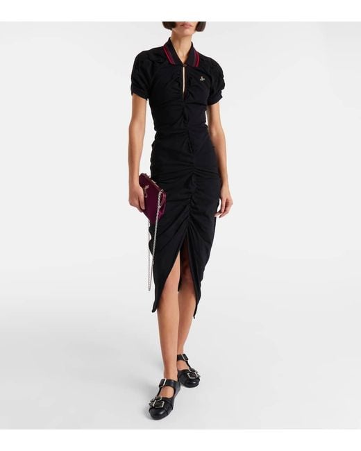 Vivienne Westwood Black Pulling Ruched Cotton Midi Dress