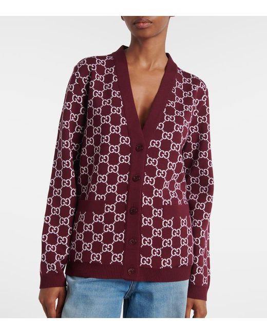 Cardigan Reversible De Jacquard En Mezcla De Lana Con Gg Gucci de color Red