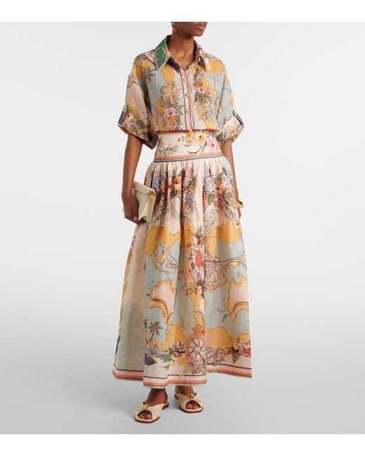 Zimmermann Natural Tallow Printed Linen Midi Skirt