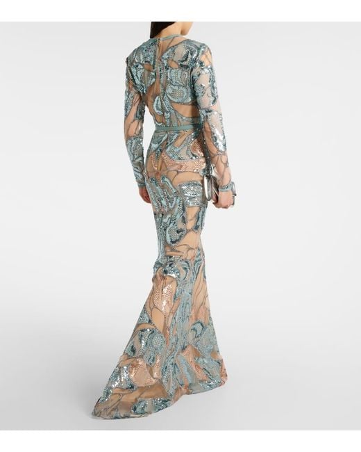 Elie Saab White Embroidered Silk-Blend Gown