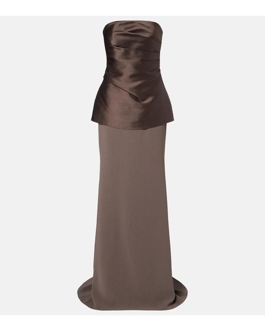 Solace London Brown Alia Strapless Satin And Crepe Gown