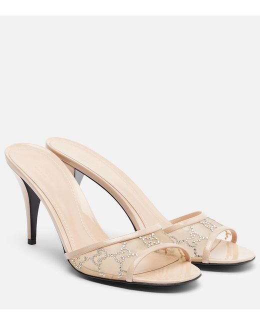 Gucci Natural Erin Gg Embellished Leather-Trimmed Mules