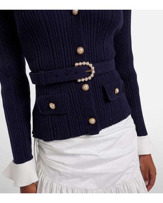 Self-Portrait Blue Belted Ribbed-Knit Cardigan