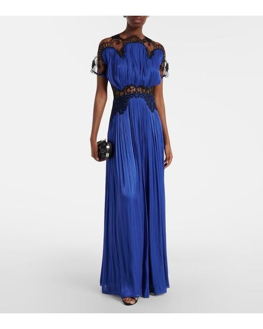 Costarellos Blue Lace-Trimmed Lurex Georgette Gown