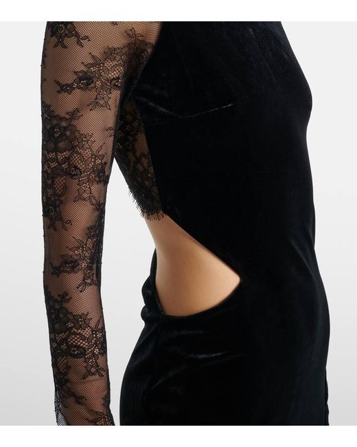 Robe Longue En Velours À Finitions En Dentelle Self-Portrait en coloris Black