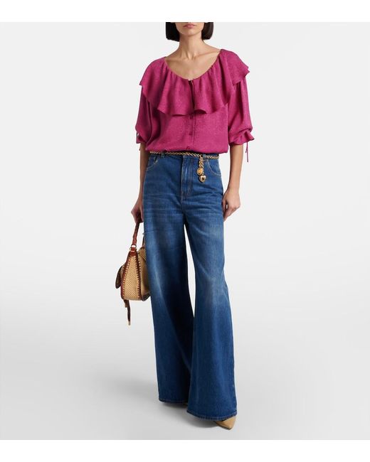 Chloé Pink Ruffled Silk Jacquard Blouse