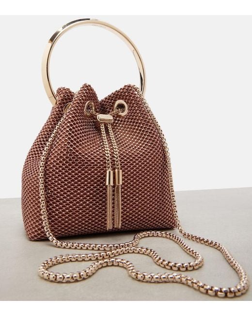Jimmy Choo Brown Bon Bon Small Embellished Satin Bucket Bag