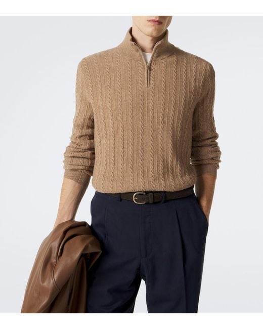 Fedeli Brown Cable-Knit Cashmere Half-Zip Sweater for men