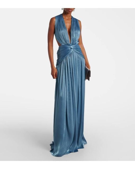 Costarellos Blue Draped Open-Back Jersey Gown