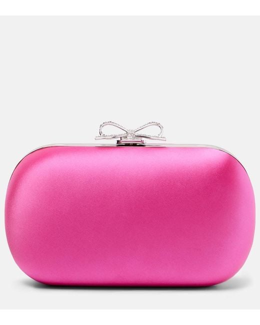 Self-Portrait Pink Bow Embellished Satin Clutch