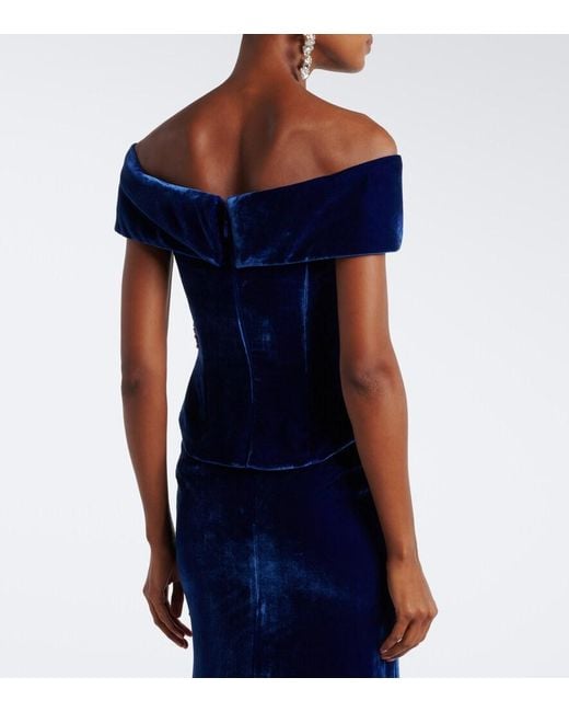 Costarellos Blue Rielle Embellished Floral-Applique Velvet Gown