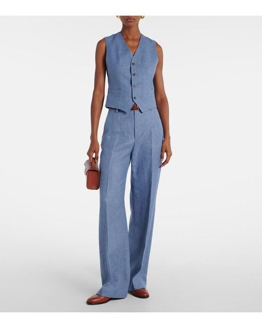 Polo Ralph Lauren Blue Linen And Cotton Twill Wide-Leg Pants