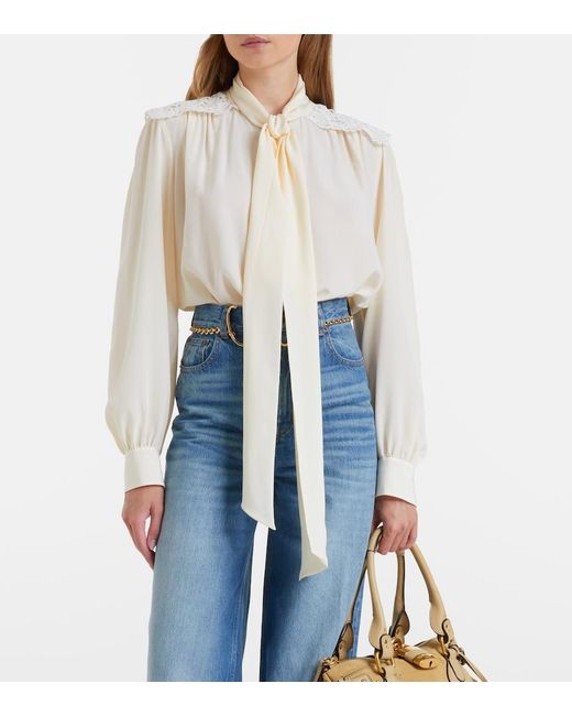 Chloé Natural Lace-Trimmed Silk Crepe De Chine Blouse