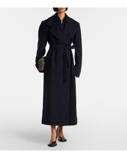 Dries Van Noten Black Belted Pinstriped Wool Coat