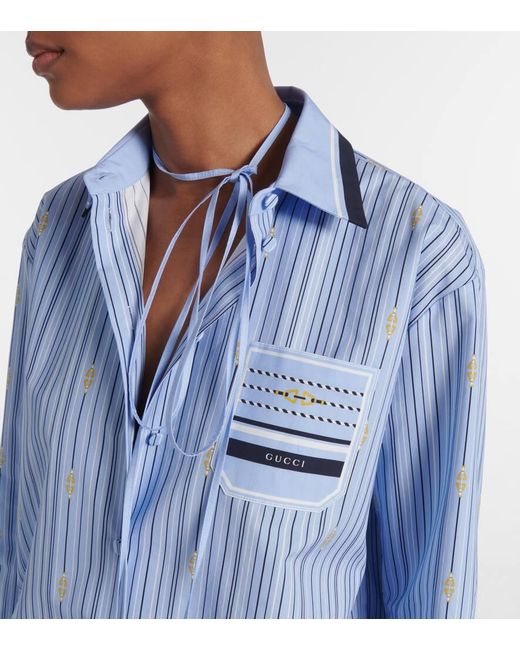 Camisa De Algodon A Rayas Con Horsebit Gucci de color Blue