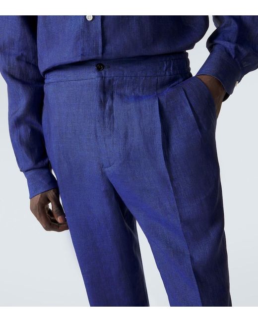 Rubinacci Blue Linen Tapered Pants for men