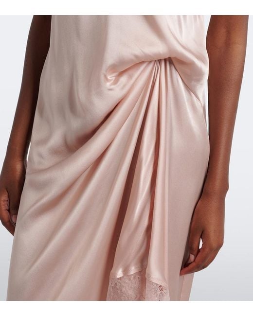 Maison Margiela Pink Gathered Lace-Trimmed Satin Slip Dress