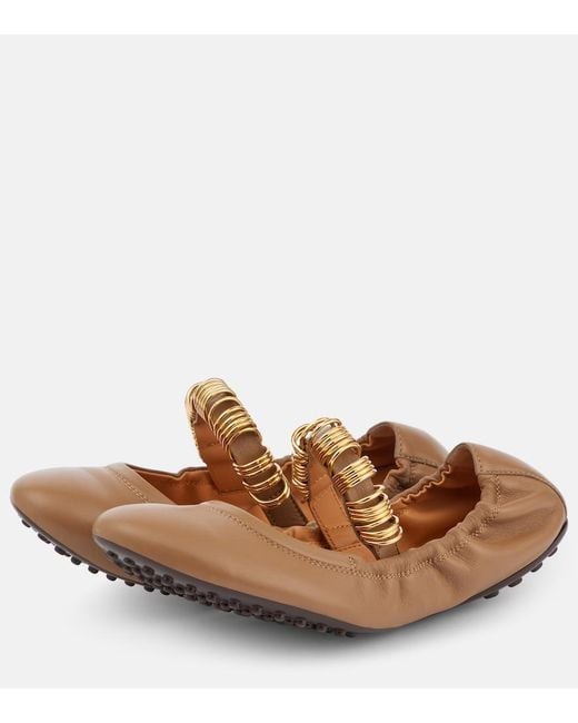 Tod's Brown Embellished Leather Mary Jane Flats