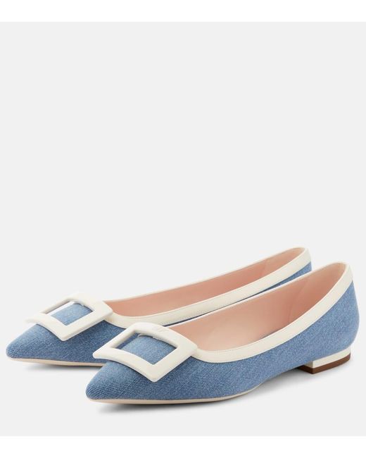 Roger Vivier Blue Leather-trimmed Denim Ballet Flats