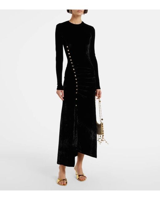 Rabanne Black Embellished Ruched Velvet Midi Dress