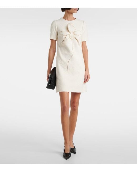 Oscar de la Renta Natural Orchid Embroidered Cotton Tweed Shift Dress