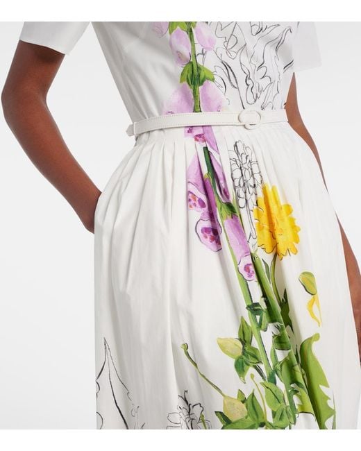 Oscar de la Renta White Belted Floral-Print Cotton-Blend Poplin Midi Dress