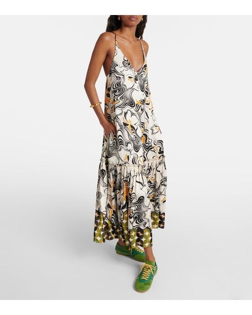 Dries Van Noten White Printed Satin Maxi Dress