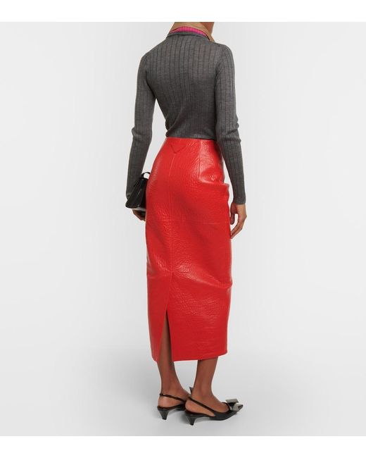 Prada Red Leather Pencil Skirt