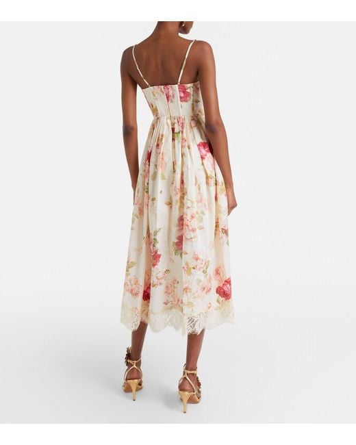 Zimmermann Natural Roselight Floral Linen Midi Dress