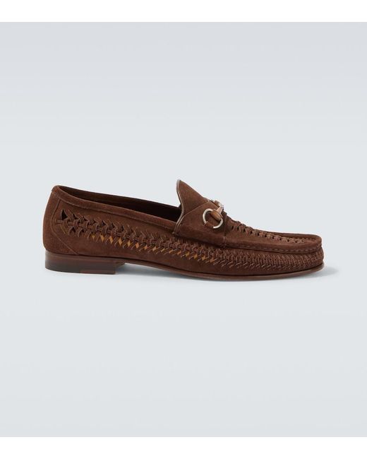Gucci Brown Bamboo Horsebit Woven Suede Loafers for men