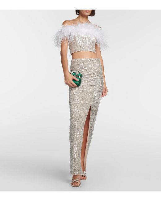 Self-Portrait White Sequined Feather-Trimmed Crop Top
