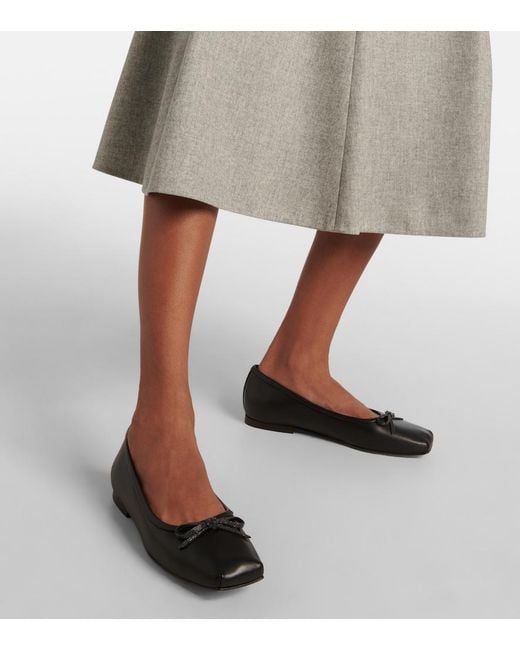 Brunello Cucinelli Black Monili Bow-Detail Leather Ballet Flats