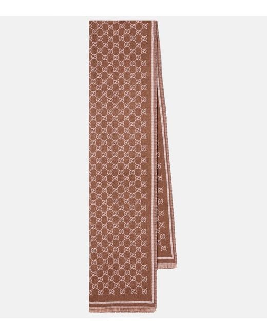 Bufanda En Mezcla De Lana En Jacquard Con Gg Gucci de color Brown