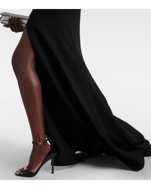 Valentino Black Floral-applique Cutout Front-slit Gown