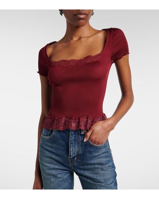 Saint Laurent Red Cropped Leavers Lace-Trimmed Ribbed Silk-Jersey Top