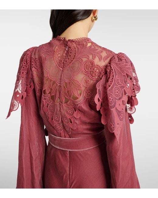 Costarellos Red Ashley Lace-Trimmed Velvet Gown