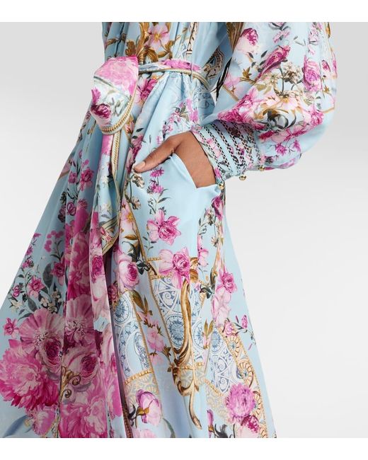 Vestido largo de crepe de seda floral Camilla de color White