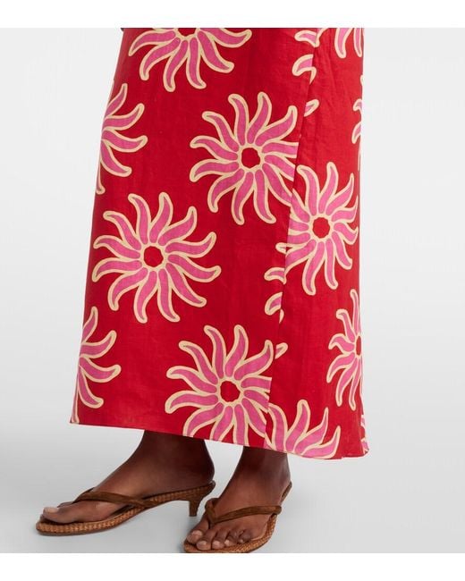 Cala De La Cruz Red Dasha Printed Halterneck Linen Maxi Dress